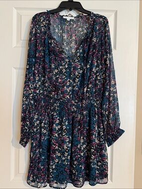 Socialite Teal Floral Long-Sleeve V-Neck Smocked-Waist Dress